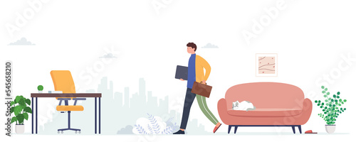 Work from home, return to office, coworking. Man freelance worker with laptop working remotely goes to work. Concept of choosing a workplace, self-employment.