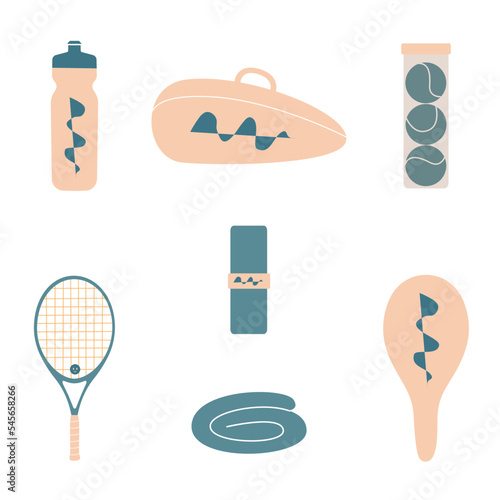 Flat vector illustration. Hand drawn tennis equipment, racket, bottle, case, towel, balls, grip