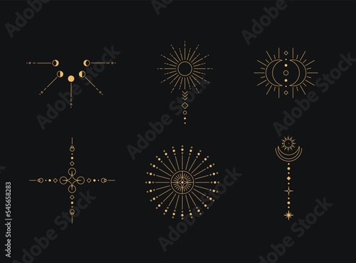 Set of moon and sun line art. Minimal boho linear symbols. Celestial mystic element. Vector line art illustration.