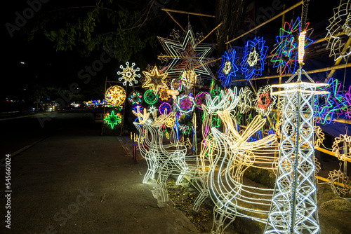 Outdoor Reindeer Christmas Decorations made with wire and LED wall strips. For sale with parols, and other decor at a stall. photo