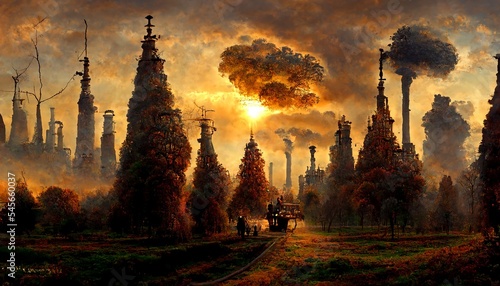 Postapocalyptic dystopian landscape in sunset with trees illustration