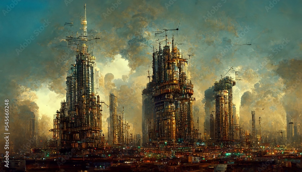 Dystopian postapocalyptic steampunk metropolitan with skyscrapers illustration