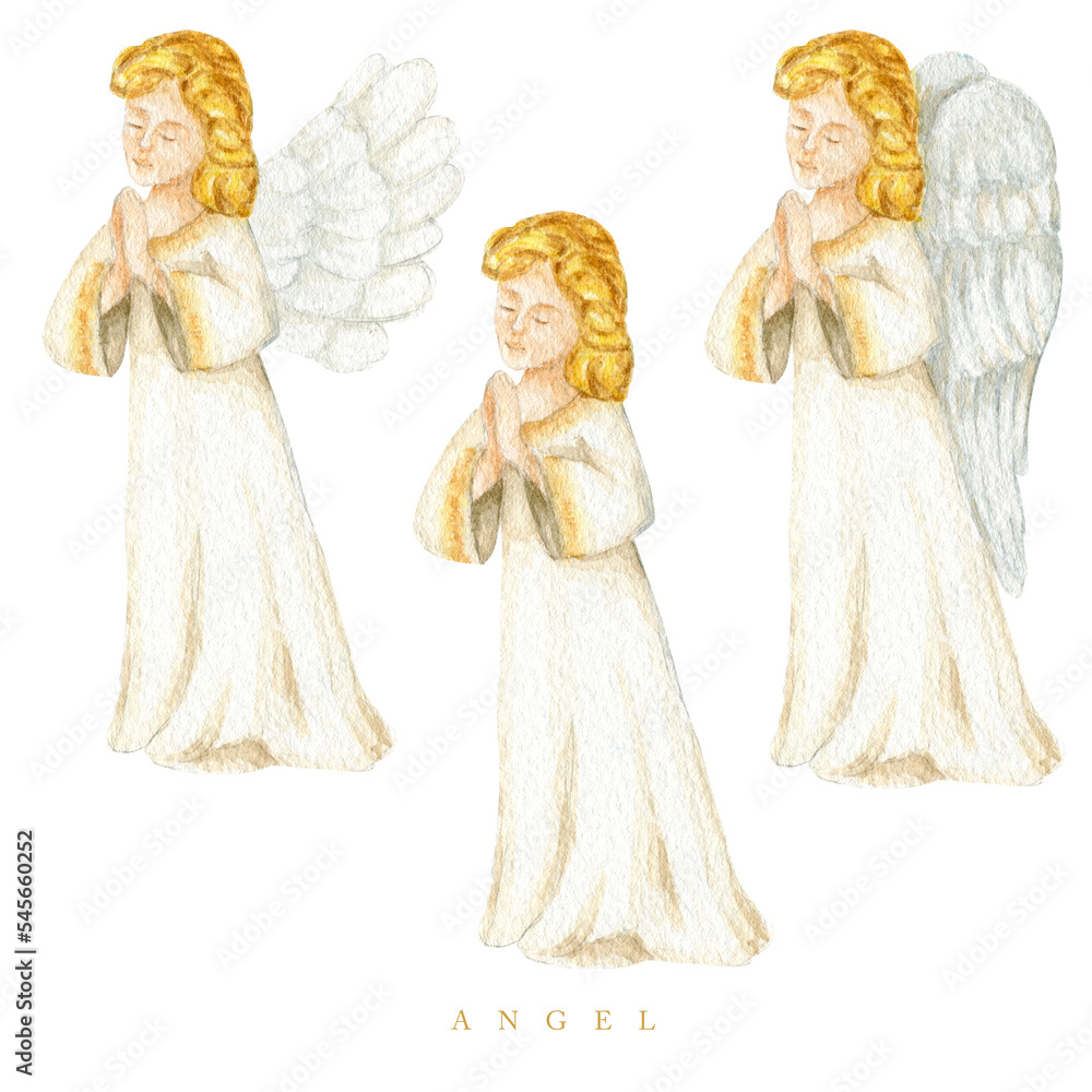 Fototapeta premium Christmas angels set watercolor illustration, Christian Nativity angel with wings isolated on a white background, design for religious baptism invitation, greeting card