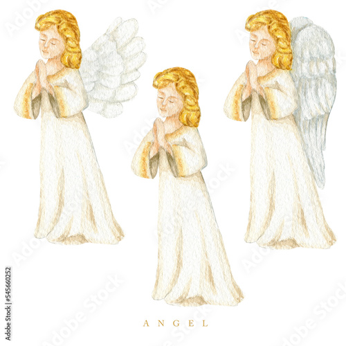 Christmas angels set watercolor illustration, Christian Nativity angel with wings isolated on a white background, design for religious baptism invitation, greeting card