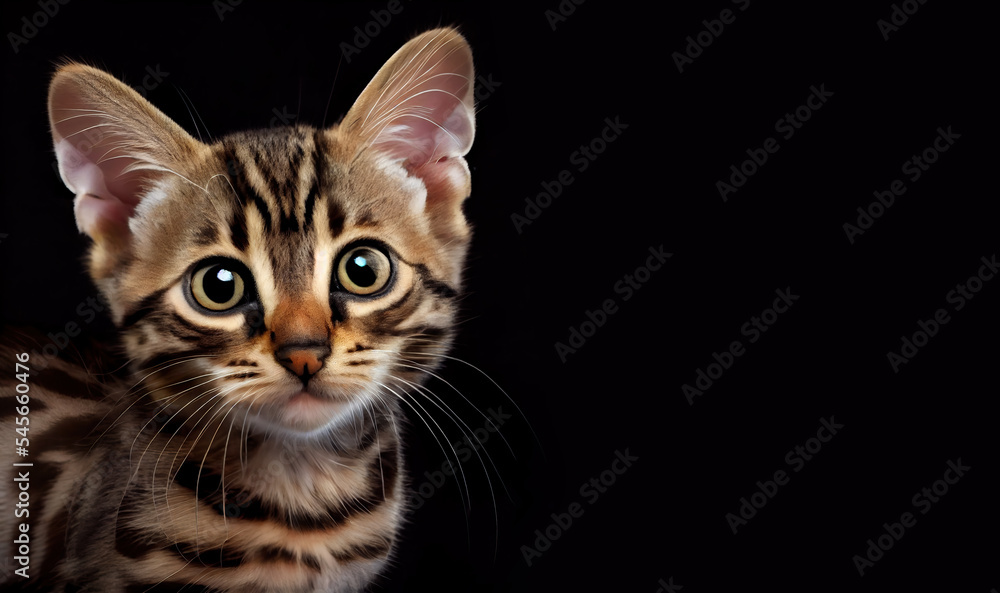Cute Bengal kitten dark background. Space for text. Adorable portrait of a Bengal kitten.  Cute cat.  Digital art