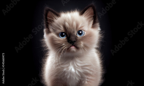 Cute fluffy birman kitten on dark background. Space for text. Adorable portrait of a birman kitten. Cute cat. Digital art