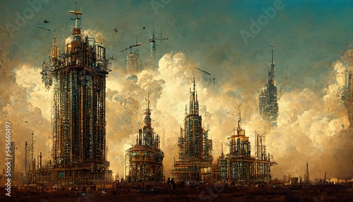 Dystopian cyberpunk steampunk metropolis illustration