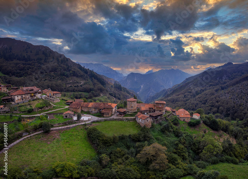 View of the medieval village of Bandujo in Asturias mountains. Spain.