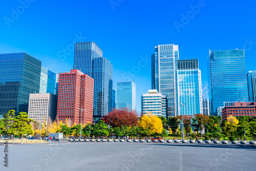 東京 皇居外苑からの丸の内ビル群