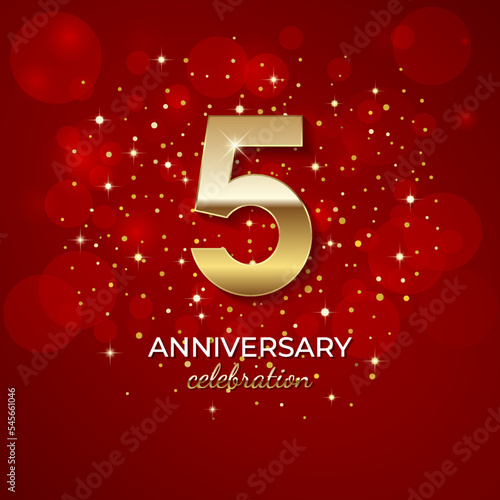 5th Anniversary. Golden number 4 with sparkling confetti and glitter for celebration events, weddings, invitations and greeting cards. Realistic 3d sign. Vector festive illustration