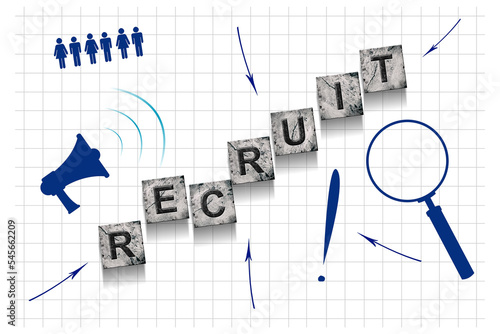 Recruit. Concept with words on stone blocks, and different icons, on a white notepad sheet. Magnifying glass, arrows, megaphone, people icons. Business. photo