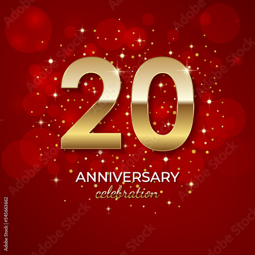 20th anniversary. golden number 20 with sparkling confetti and glitter for celebration events, weddings, invitations and greeting cards. realistic 3d sign. vector festive illustration