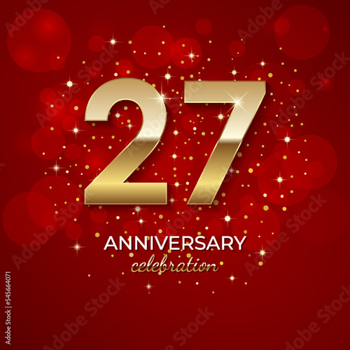 27th Anniversary. Golden number 27 with sparkling confetti and glitter for celebration events, weddings, invitations and greeting cards. Realistic 3d sign. Vector festive illustration