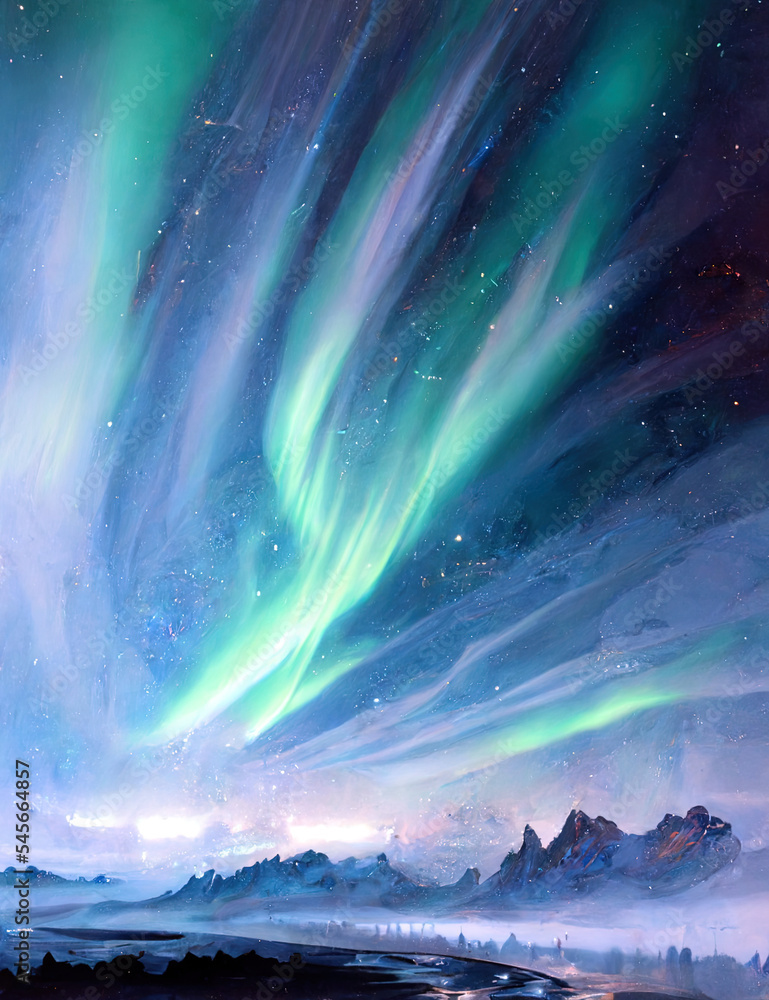 background with northern lights over landscape, aurora borealis, green, teal turquoise, winter, ice, snow, illustration, digital