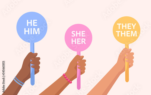 Hands holding signs with gender pronouns
