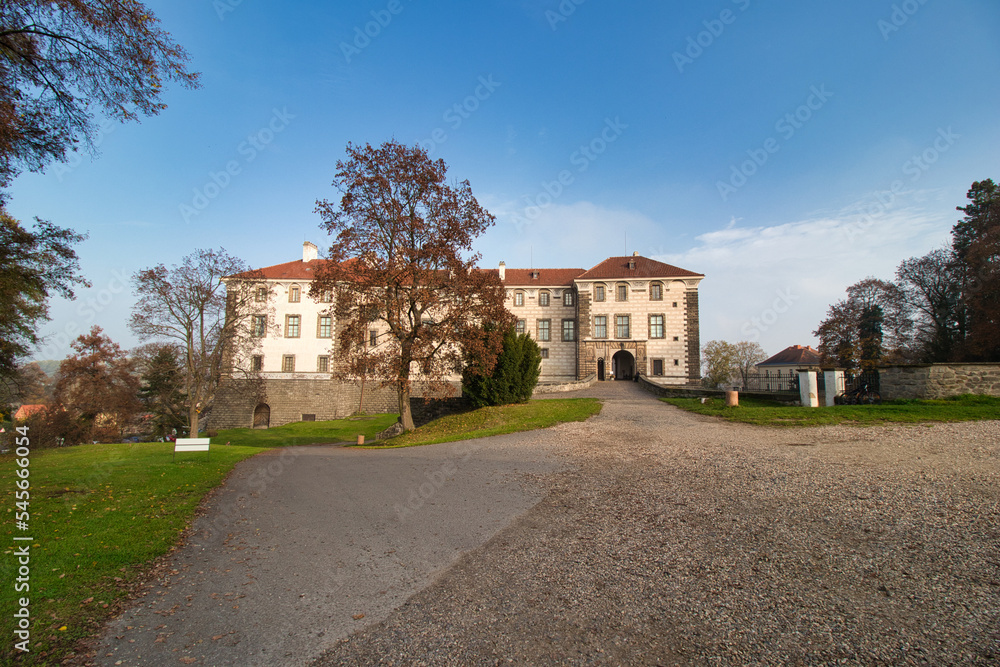 Fototapeta premium The Nelahozeves Chateau, finest Renaissance castle, Czech Republic. Main gate with bridge.