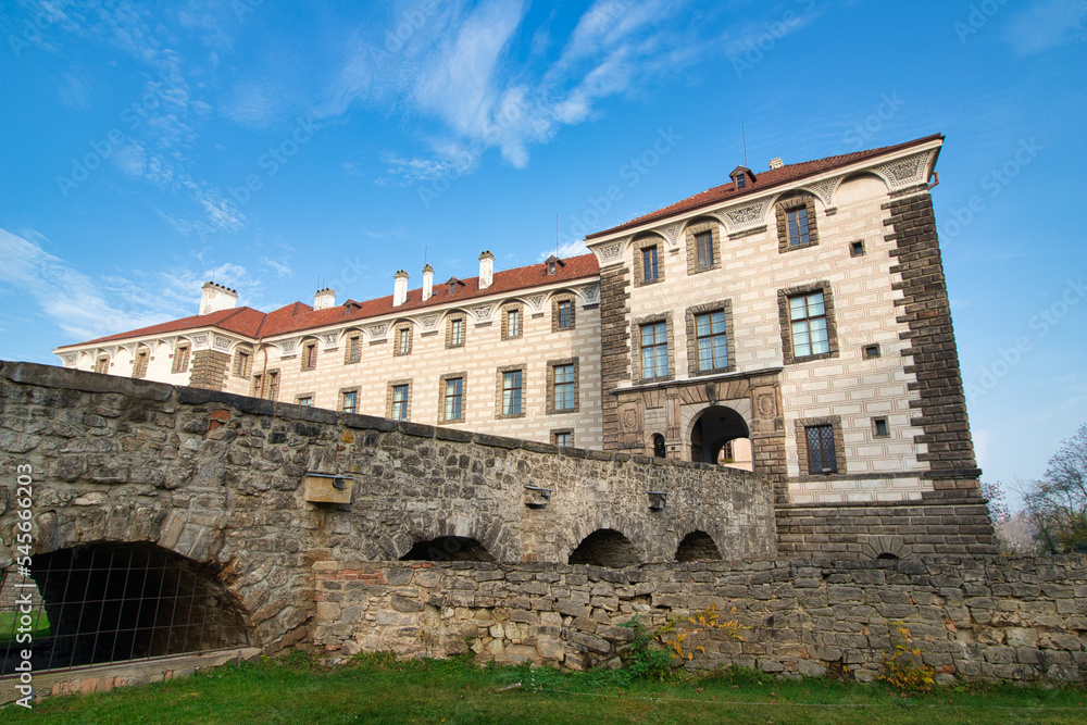 The Nelahozeves Chateau, finest Renaissance castle, Czech Republic. Main gate with bridge.