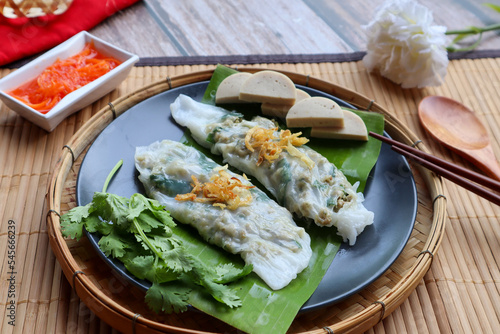 Banh Cuon - Vietnamese rice rolls filled with minced pork and vegetables at close up view