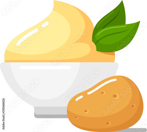 Mashed potatoes in white deep bowl. Boiled vegetable side dish icon with green leaves and potato tuber. Vector flat illustration isolated on background