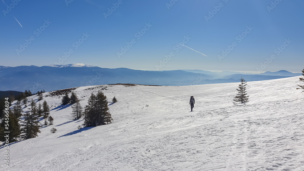 Man hiking in snow covered landscape near Ladinger Spitz, Saualpe, Lavanttal Alps, Carinthia, Austria, Europe. Trekking in Austrian Alps in winter on a sunny day. Ski touring and snow shoe tourism