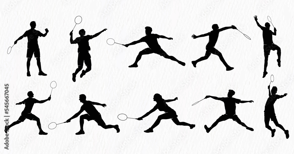 Boys and girls playing badminton silhouettes isolated on paper textured white backgrounds. Friends sport fun. Badminton players in action.
