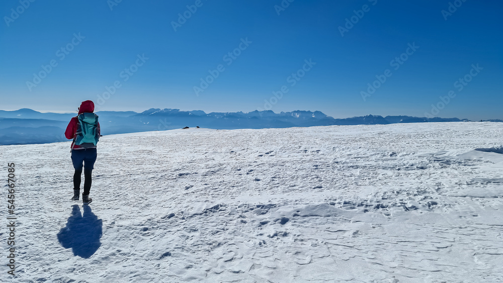 Woman hiking in snow covered landscape near Ladinger Spitz, Saualpe, Lavanttal Alps, Carinthia, Austria, Europe. Trekking in Austrian Alps in winter on a sunny day. Ski touring and snow shoe tourism