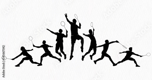 Boys and girls playing badminton silhouettes isolated on paper textured white backgrounds. Friends sport fun. Badminton players in action.