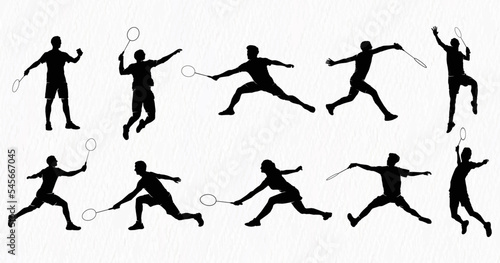 Boys and girls playing badminton silhouettes isolated on paper textured white backgrounds. Friends sport fun. Badminton players in action.