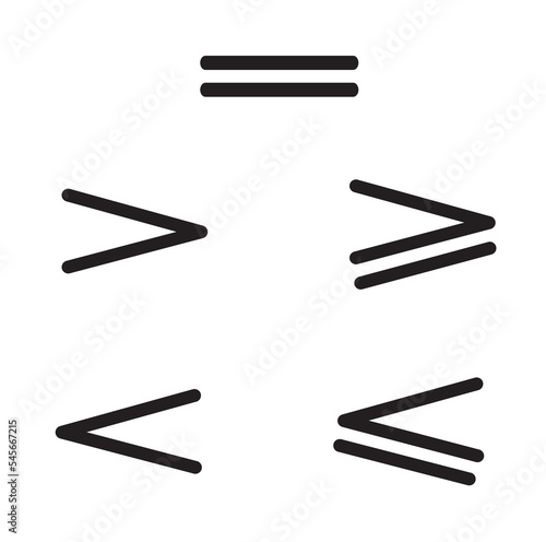 mathematical signs equal to, greater than, greater than or equal to, less than, less than or equal to compare the values of quantities, isolated on a white background, flat design style