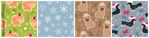 Pug, dachshund, and pomeranian with Christmas elements. Set of cute festive seamless patterns with dogs. Hand-drawn vector illustration in trendy colors.