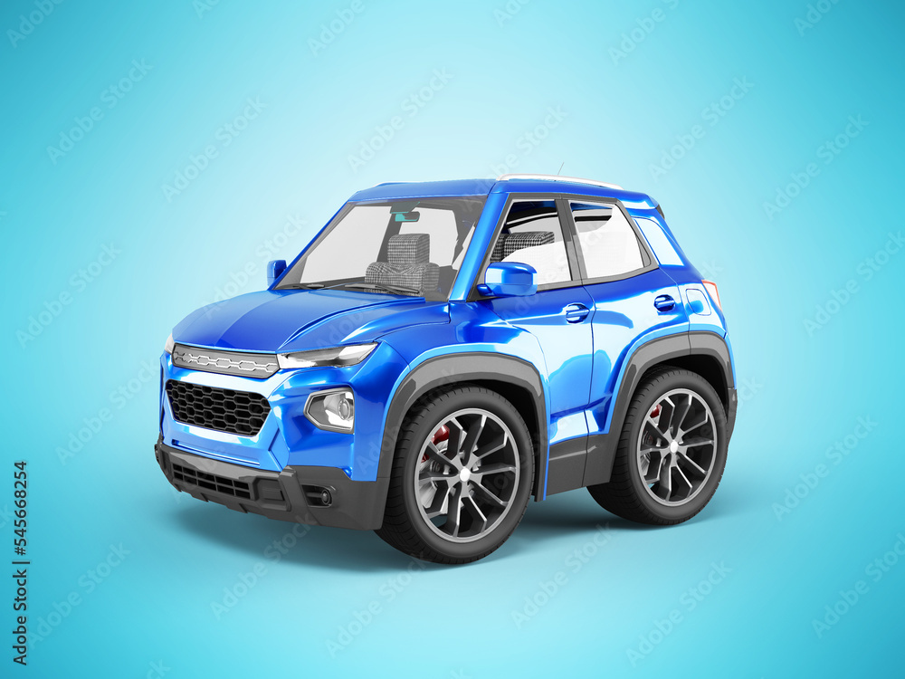 3d illustration of blue car front cartoon style on blue background with shadow