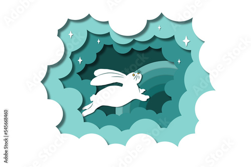 Cute rabbit jumping in the sky paper cut design green gradient background cartoon abstract art