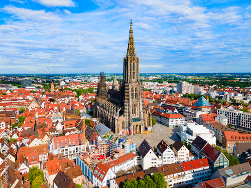 Photography Ulm Minster Church aerial panoramic view, Germany