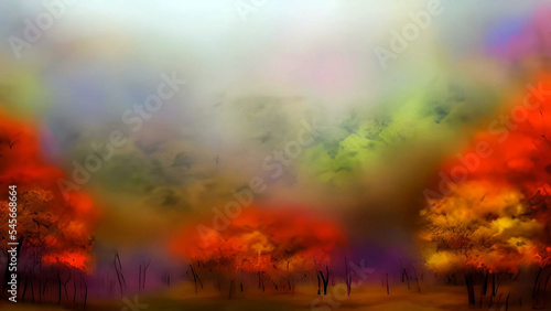 watercolor painting of landscape image for Autumn time, autumn image with Generative AI.