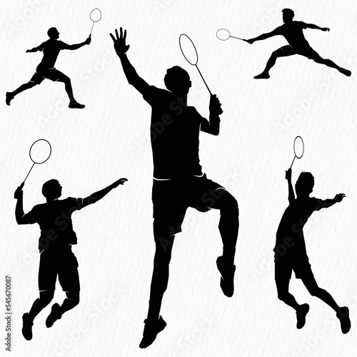 Boys and girls playing badminton silhouettes isolated on paper textured white backgrounds. Friends sport fun. Badminton players in action.