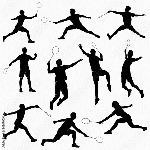 Boys and girls playing badminton silhouettes isolated on paper textured white backgrounds. Friends sport fun. Badminton players in action.