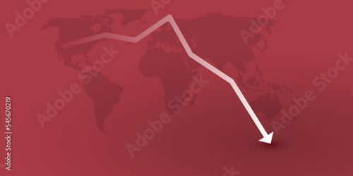Global Economic Down Fall Due to War, Inflation and Energy Crisis - Design Template, Red Chart and World Map with Crash, Steep Fall of Financial Results or Numbers - Illustration with Copyspace 