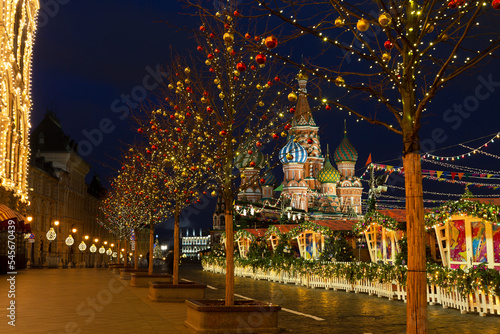 View of the festive Red Square with St. Basil's Cathedral. New Year's Eve, Christmas. Moscow, Russia