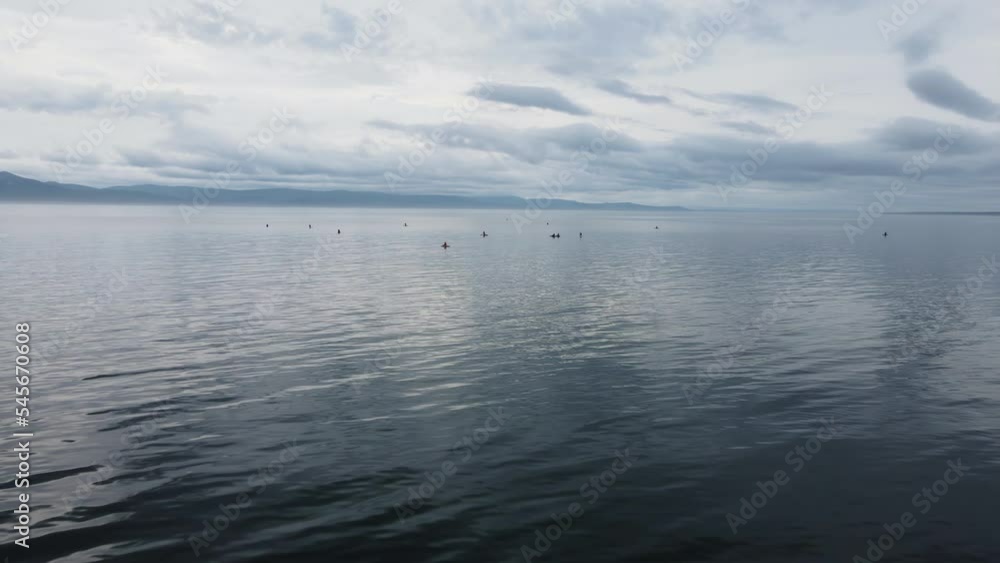 People swim near the islands. Combs on the subboard. Aerial photography of the water surface and mountains. A lot of people swim on subboards. People swim near the islands. Combs on the subboard. Aerial photography of the water surface and mountains. A lot of people swim on subboards.