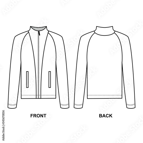 Template for the design of a jacket with a zipper. Sports jacket technical drawing vector. Zipped jersey front and back view.