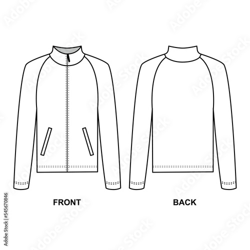 Jersey zipper technical drawing vector. Template for the design of a sports jacket with a zipper and pockets.