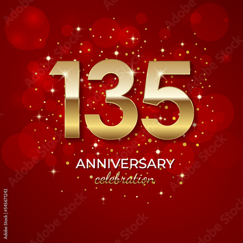 135th Anniversary. Golden number 135 with sparkling confetti and glitter for celebration events, weddings, invitations and greeting cards. Realistic 3d sign. Vector festive illustration photo