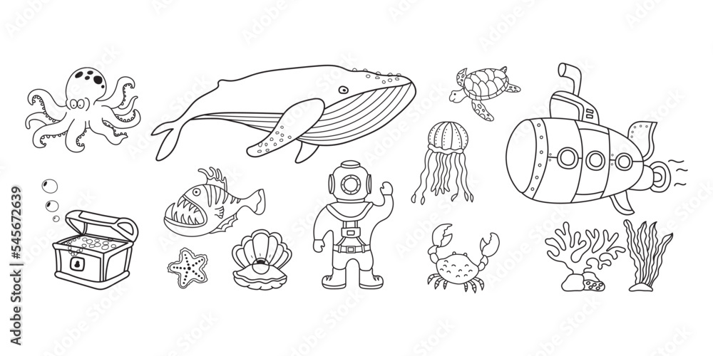 Kids drawing vector Illustration hand drawn Deep ocean diver with set of marine things and sea animals in doodle style Kids drawing vector Illustration hand drawn Deep ocean diver with set of marine things and sea animals in doodle style