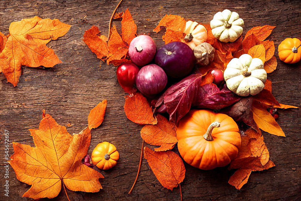 Vegetables and leaves on an old wooden table, Thanksgiving theme, autumn
