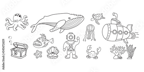 Kids drawing vector Illustration hand drawn Deep ocean diver with set of marine things and sea animals in doodle style