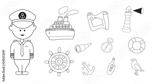 Hand drawn color children sailor set with all sailor equipment and tools. Cute ship captain boat lighthouse sea and ocean sailing tools.
