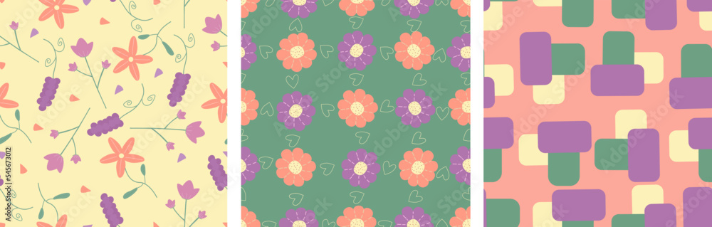 Abstract floral seamless pattern background. Set of 3 patterns perfect for textiles, apparel, wallpaper etc.
