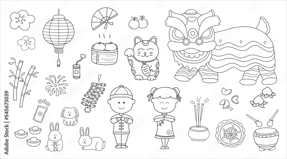 Kids drawing vector Illustration set of Chinese New Year 2023 and cute rabbit for chinese rabbit year in doodle style Kids drawing vector Illustration set of Chinese New Year 2023 and cute rabbit for chinese rabbit year in doodle style