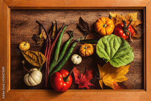 Vegetables and leaves on an old wooden table, Thanksgiving theme, autumn photo