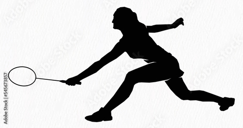 Boys and girls playing badminton silhouettes isolated on paper textured white backgrounds. Friends sport fun. Badminton players in action.